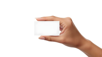 Hand holding blank white business card with fingers curled around edges in soft natural lighting for corporate branding and marketing materials