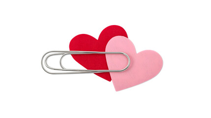 Paper hearts connected by metal paperclip in soft pastel colors with minimalist design for valentines day greeting card