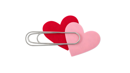 Paper hearts connected by metal paperclip in soft pastel colors with minimalist design for valentines day greeting card