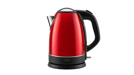 Red electric kettle with black handle and base in modern minimalist design with bright studio lighting for kitchen appliance advertising