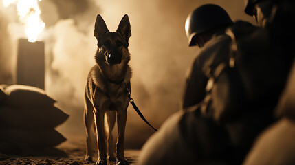Loyal companion stands tall amid the chaos of military operations, a symbol of unwavering partnership and strength. Poised amidst a battlefield, guarding & protecting.