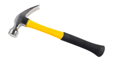 Claw hammer with yellow and black handle on white background in studio lighting for DIY and construction projects