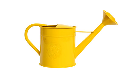 Bright yellow watering can with long spout and handle in studio lighting on white background for gardening and home decor advertising