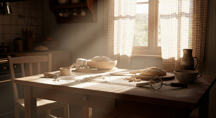 Morning Kitchen: The kitchen scene, where culinary artistry and rustic charm intertwine, with the warmth of the rising sun gracefully filtering through the windows.