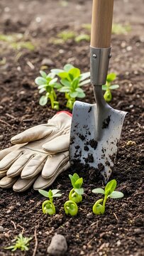 Gardening trowel and beige work gloves positioned on dark soil with several small green seedlings Keywords: gardening, trowel, shovel, gloves, soil, seedlings, plants, tools, equipment, garden