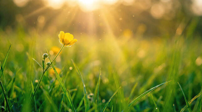 Spring-Yellow wildflower in meadow with bright morning sunrays nature background 4k