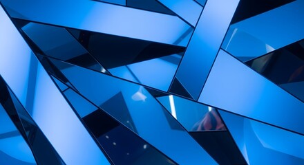 Abstract geometric composition featuring sharp angular shapes and vibrant reflective surfaces bathed in intense monochromatic blue light creating depth.