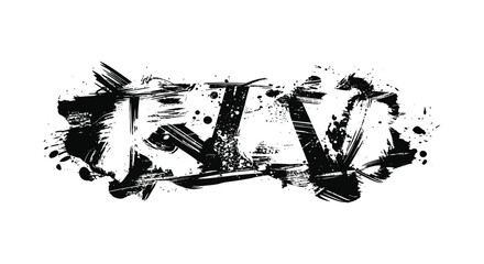 A striking black and white image displaying the text KLV in a dynamic splattered and artistic brushstroke style