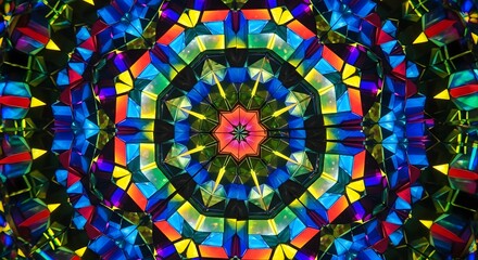 Vibrant kaleidoscope pattern featuring bright geometric shapes and vivid colors creating an abstract and dazzling visual experience for backgrounds