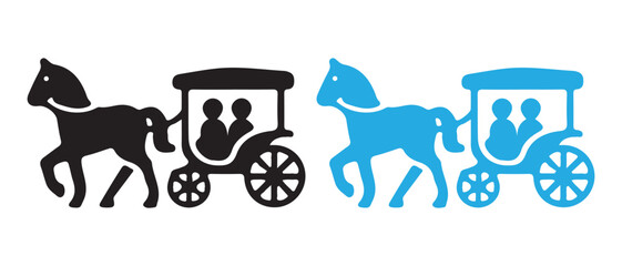 Horse Drawn Carriage Icon Set. Silhouette and Blue Vector Illustration.