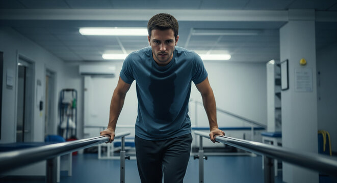 Resilience in Rehabilitation: A determined individual focuses on recovery, utilizing parallel bars for support within a modern rehabilitation facility.