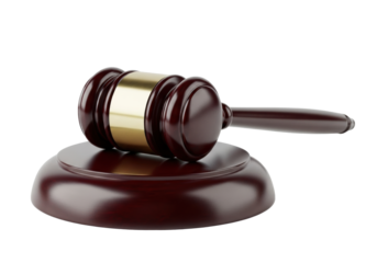 Photorealistic traditional judge's gavel of dark polished wood with a brass band and matching sound block, isolated on a transparent studio background, concept of law and justice