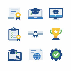 Online education icon set featuring diploma, trophy, cap, and checkmark symbols