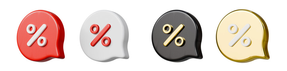 3d discount speech bubble set icon. sale concept. minimal cartoon percent sign sticker for ecommerce marketing. isolated on white transparent background. 3d render.
