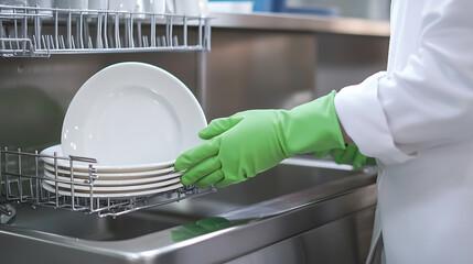 Gloved hands carefully place clean white plates into a stainless steel dishwasher rack, ready for use in a pristine kitchen environment.
