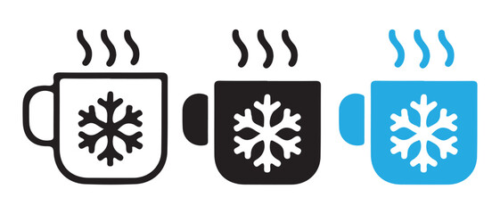 Hot Chocolate Mug Icons. Snowflake Design, White, Black, Blue Variations.