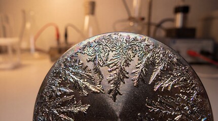 Abstract crystalline growth forming intricate patterns on a metallic surface with scientific laboratory equipment blurred in the background, showcasing scientific discovery.