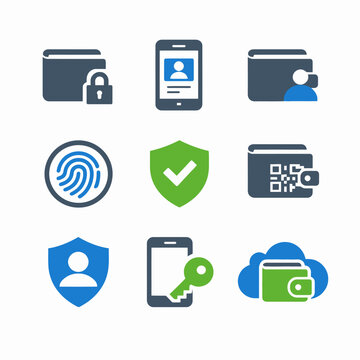 Digital security icons: mobile, fingerprint, qr code, shield, wallet, cloud, lock
