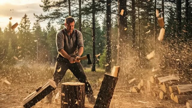 A strong man chops wood with an axe in a sun-drenched forest.