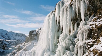 Majestic frozen waterfall cascading over icy cliffs under a clear blue sky during winter
