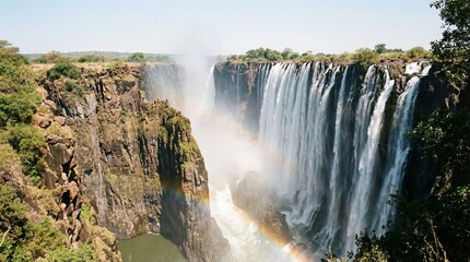 Obraz premium Majestic waterfall cascades into a gorge with a vibrant rainbow formed in the mist, a breathtaking natural wonder.