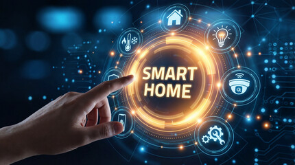 Hand touching a glowing "SMART HOME" digital interface with icons for security, lighting, and climate control. Concept of home automation, Internet of Things (IoT), and modern living technology.
