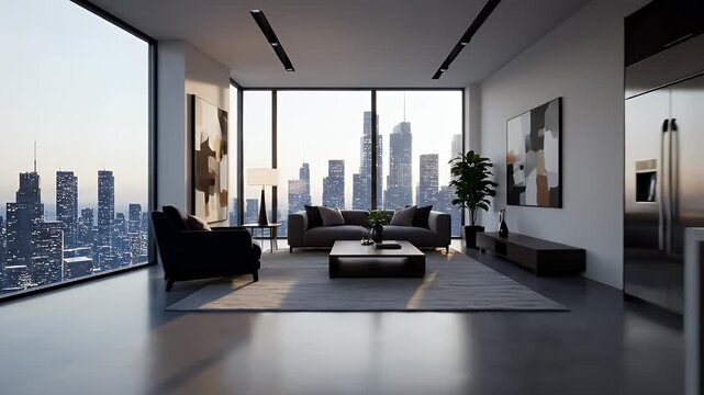 Modern Luxury Apartment with City Skyline Views and Open Concept Living.
