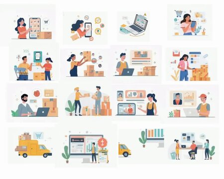 E-commerce and online shopping are illustrated in a modern flat vector style. People buying, selling, paying, delivering, and managing online stores in one composition. Soft pastel, white background.