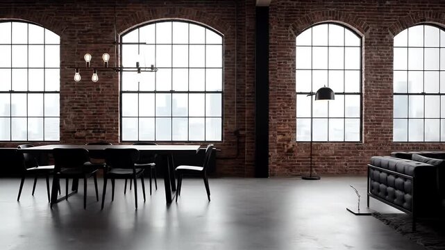 Modern Loft Apartment Interior with Exposed Brick Walls and Large Arch Windows.