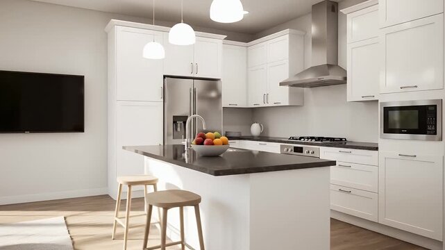 Modern OpenConcept Kitchen and Living Room with White Cabinets and Stainless Steel Appliances.