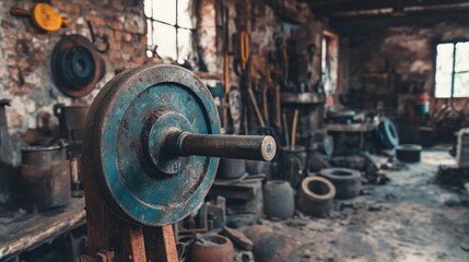 Rustic industrial workshop vintage metal wheel and machinery detail