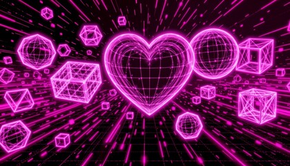 Futuristic Digital Heart with Glowing Geometric Shapes Space