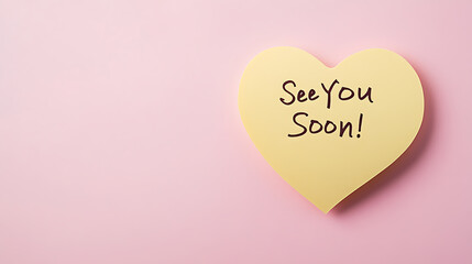 Heartfelt goodbyes expressed on a soft yellow heart-shaped note saying "See You Soon!", contrasted against a pastel pink backdrop. A sweet and positive message.