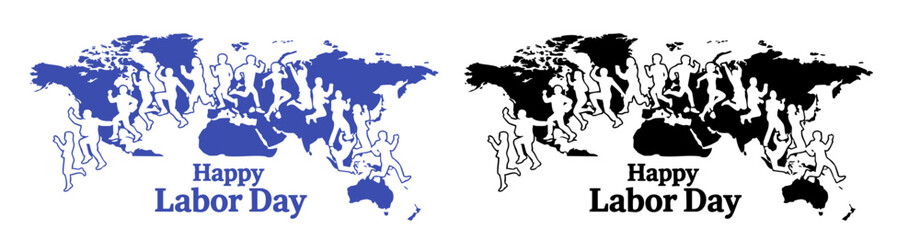 Global Labor Day Celebration Map with People Silhouettes