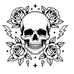Gothic skull with roses and lightning bolts illustration.