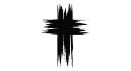 A minimalist depiction of a black cross formed by rough brushstrokes on a stark white background