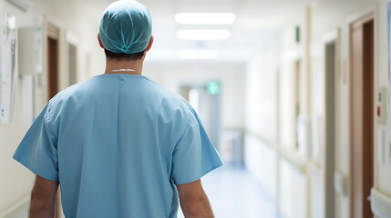 Healthcare professional wearing surgical scrubs strides through a bright hospital corridor. Focus on dedication, care, and medical expertise. He embodies trust and compassion.