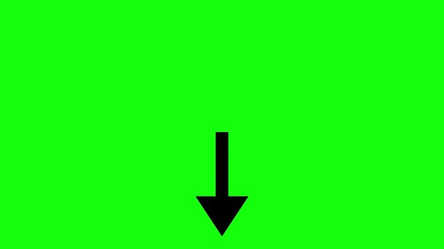 A clean black arrow icon smoothly moving downward from top to bottom across the screen on a solid bright green chroma key background, simple flat design, centered horizontally, smooth linear motion.