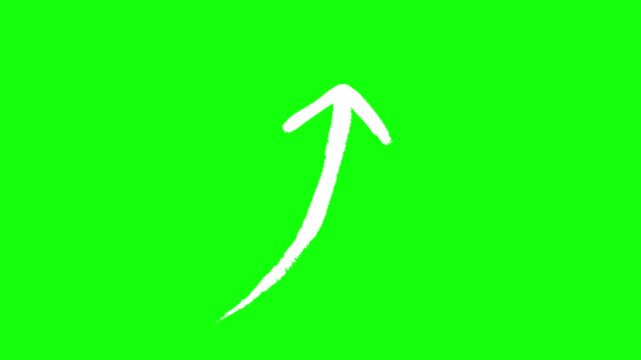 A hand-drawn style white curved arrow pointing upward, smoothly animating upward in a looping motion on a solid bright green chroma key background, rough brushstroke texture, organic shape.