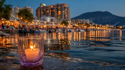Candlelit coast warm city glows in twilight