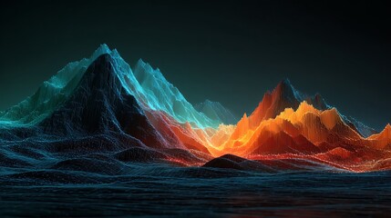 Vibrant digital waveform mountains glow with neon blue and orange lights against a dark background, creating a futuristic landscape