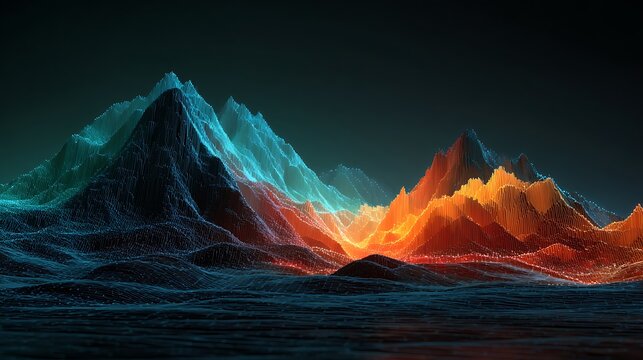 Vibrant digital waveform mountains glow with neon blue and orange lights against a dark background, creating a futuristic landscape - Powered by Adobe