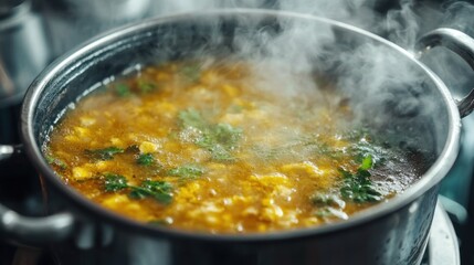 Simmering soup in dark metal pot close up view culinary photography food blog recipe