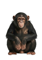 Fototapeta premium Young chimpanzee, full body, dark brown fur, expressive eyes, making eye contact, sitting on haunches on a transparent studio background with copy space, concept of animal intelligence