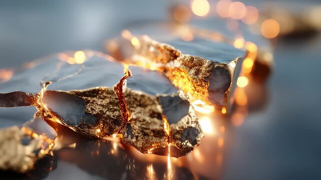 Macro shot of black stones with glowing gold veins