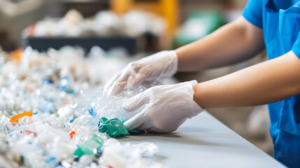 Hands in gloves sorting through a pile of plastic at a recycling facility. The individual wears a blue shirt, processing waste for a greener future. Waste reduction is essential.