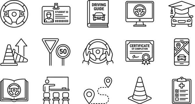 Driving school education line icons set with student license training guide road safety learning symbols outline vector illustration