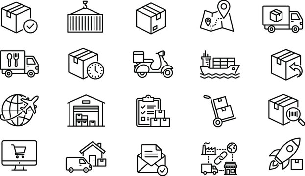 Logistics and delivery line icons set with shipping warehouse tracking ecommerce transport supply chain symbols outline vector illustration