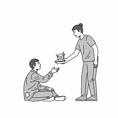 Fototapeta premium Pregnant woman is sad while a man smokes near her, illustrating the danger of passive smoking and its harm to the fetus, drawn in a monochromatic vector line art style.