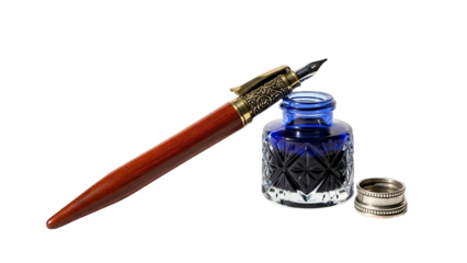 Vintage fountain pen with blue ink bottle isolated on transparent background